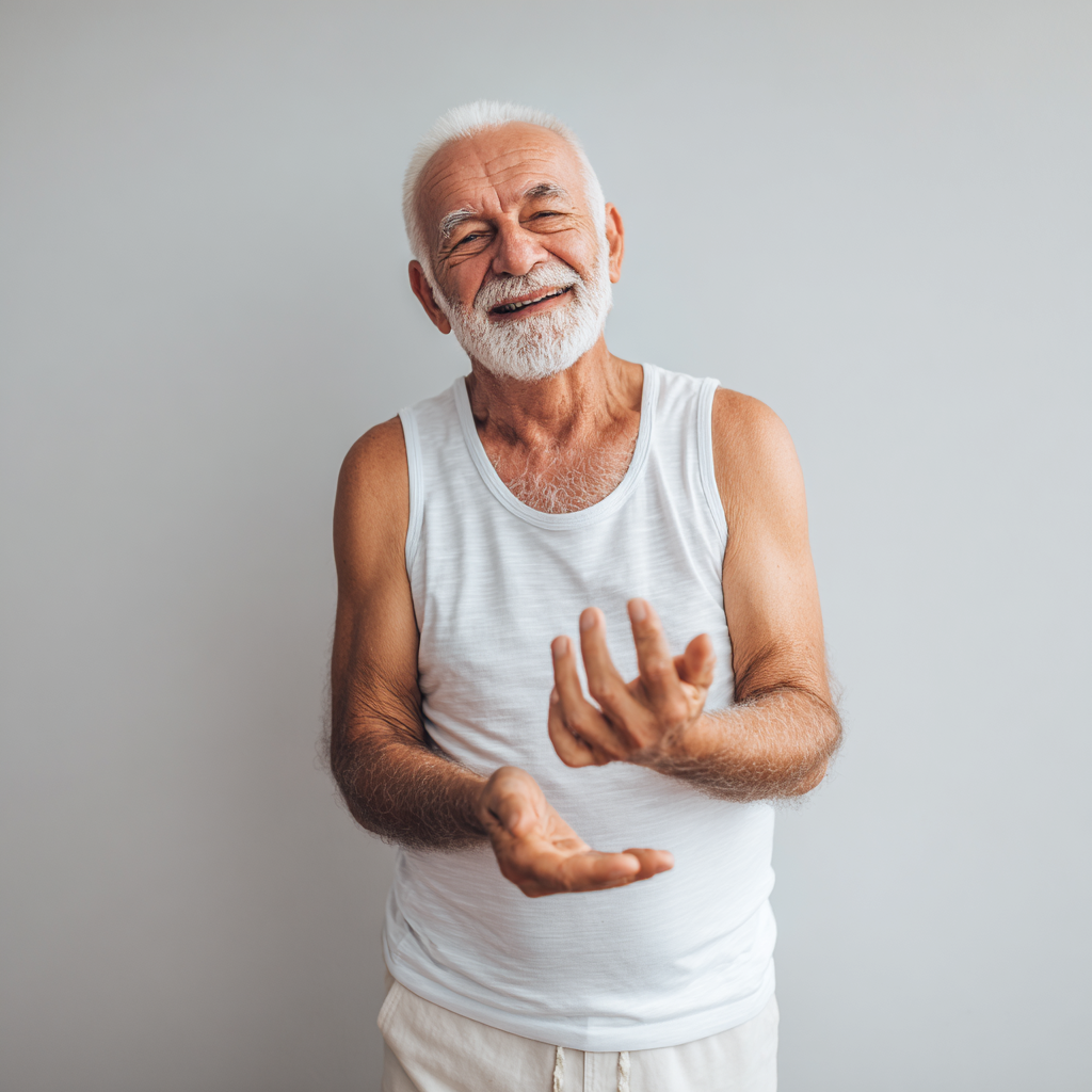 Літній чоловік європейської зовнішності з посмішкою виконує м'які вправи для суглобів, демонструючи філософію природного підходу до зміцнення опорно-рухового апарату