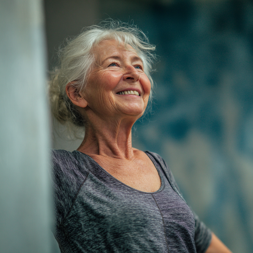Літня жінка європейської зовнішності посміхається під час виконання лікувальної гімнастики, демонструючи ефективність наукового підходу до природного зміцнення суглобів